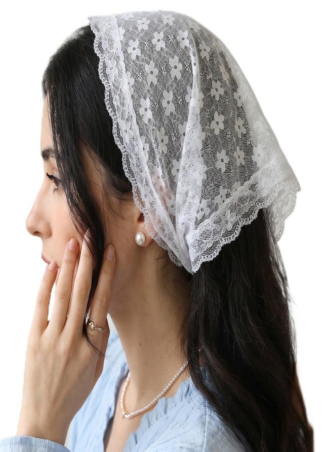 APLZGMG White Head Scarf for Women, Floral Lace Scarf Headband, Boho Triangle Hair Bandana, Adjustable Mesh Heads Coverings for Women, Elegant White Bandana Heads Scarfs with Small Flower Print - Image 1