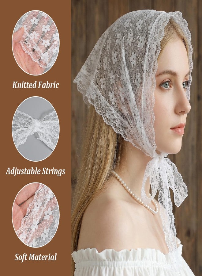 APLZGMG White Head Scarf for Women, Floral Lace Scarf Headband, Boho Triangle Hair Bandana, Adjustable Mesh Heads Coverings for Women, Elegant White Bandana Heads Scarfs with Small Flower Print - Image 3