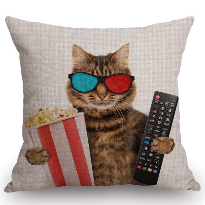 FUNNY CAT IN THE 3D GLASSES WITH POPCORN BASKET COTTON BURLAP LINEN THROW PILLOW CASE CUSHION COVER SOFA OUTDOOR DECORATIVE SQUARE 18X18 INCHES