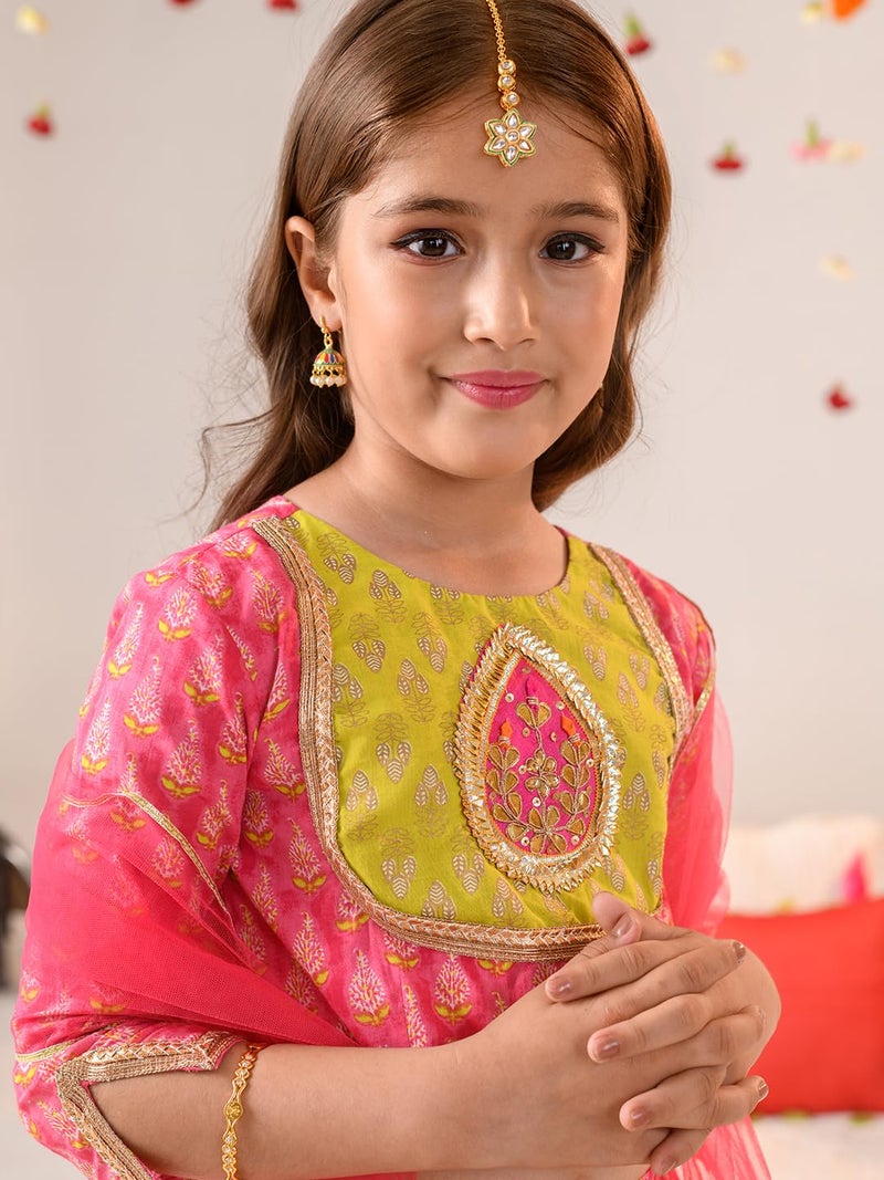 Pspeaches Girls Cotton 3/4th Sleeves Round Neck Printed Lehenga And Choli With Dupatta 3 Piece Set|Ethnic Wear For Kids Girls|Traditional & Festive Outfit 7-8 Year Magenta & Green - Image 3