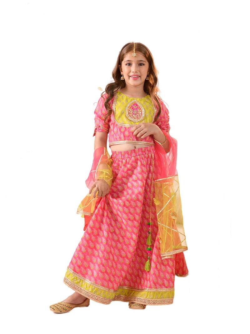 Pspeaches Girls Cotton 3/4th Sleeves Round Neck Printed Lehenga And Choli With Dupatta 3 Piece Set|Ethnic Wear For Kids Girls|Traditional & Festive Outfit 7-8 Year Magenta & Green - Image 1