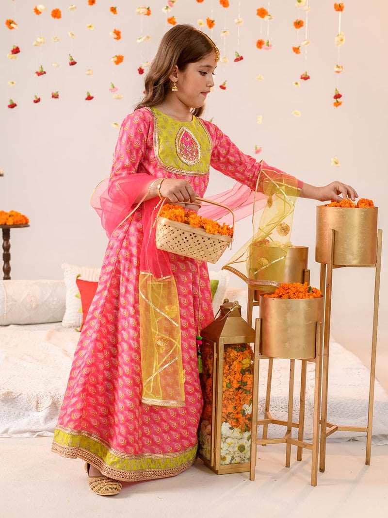 Pspeaches Girls Cotton 3/4th Sleeves Round Neck Printed Lehenga And Choli With Dupatta 3 Piece Set|Ethnic Wear For Kids Girls|Traditional & Festive Outfit 7-8 Year Magenta & Green - Image 2