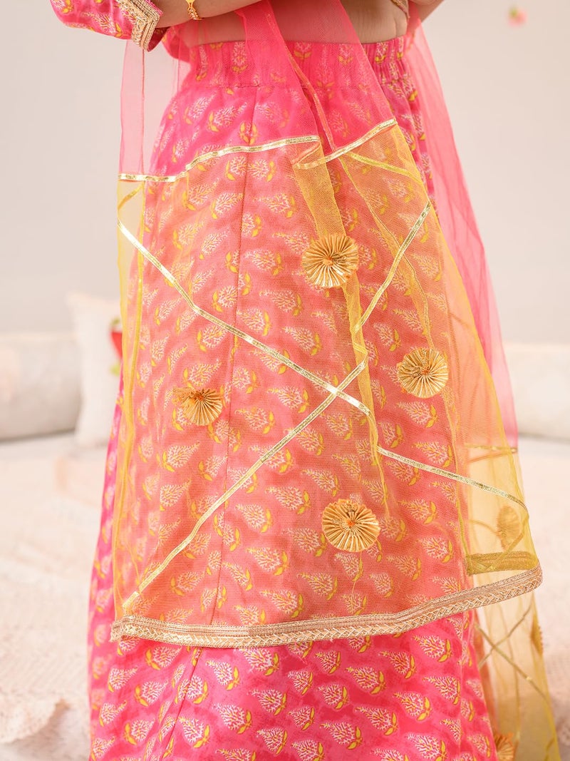 Pspeaches Girls Cotton 3/4th Sleeves Round Neck Printed Lehenga And Choli With Dupatta 3 Piece Set|Ethnic Wear For Kids Girls|Traditional & Festive Outfit 7-8 Year Magenta & Green - Image 4