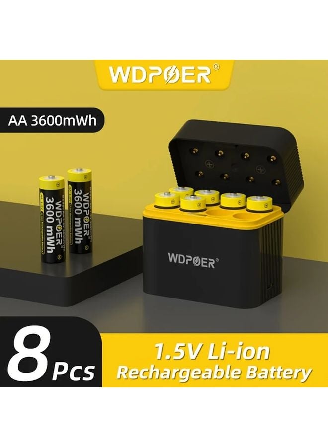 8 AA Rechargeable Lithium Batteries 3600mAh USB C Fast Charger 8 Slot Charger Set - Image 1