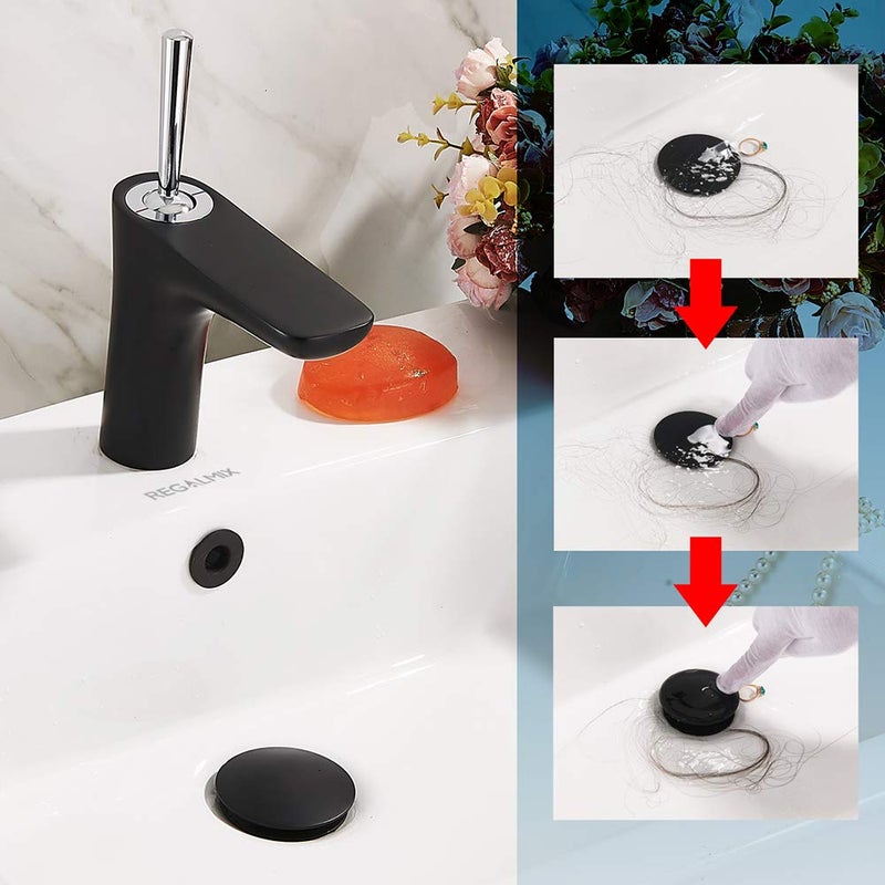 REGALMIX Vessel Sink Drain, Bathroom Faucet Vessel Sink Pop Up Drain Stopper, Built-In Anti-Clogging Strainer, with Overflow Matt Black, Fits Standard American Drain Hole(1-1/2" to 1-3/4") RWF083P - Image 3