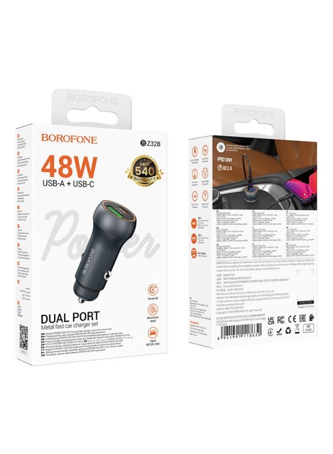 بوروفون شاحن سيارة BOROFONE BZ32B Fresh 48W بمنفذين PD30W Type-C وQC3.0 USB (رمادي معدني - Image 2