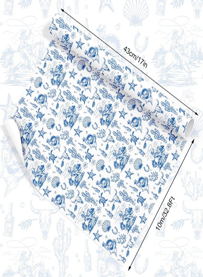 Whaline Coastal Cowgirl Wrapping Paper -Mini Roll- 17 Inch x 32.8Ft Blue Cowgirl Seashell Starfish Cactus Gift Wrap Paper for Summer Western Party DIY Crafts - Image 2