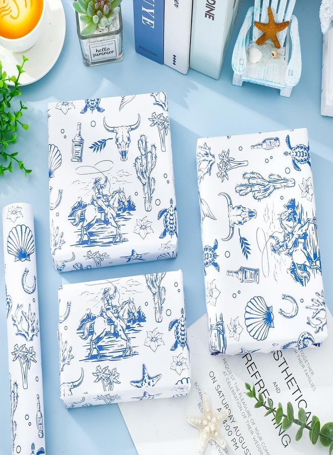 Whaline Coastal Cowgirl Wrapping Paper -Mini Roll- 17 Inch x 32.8Ft Blue Cowgirl Seashell Starfish Cactus Gift Wrap Paper for Summer Western Party DIY Crafts - Image 4