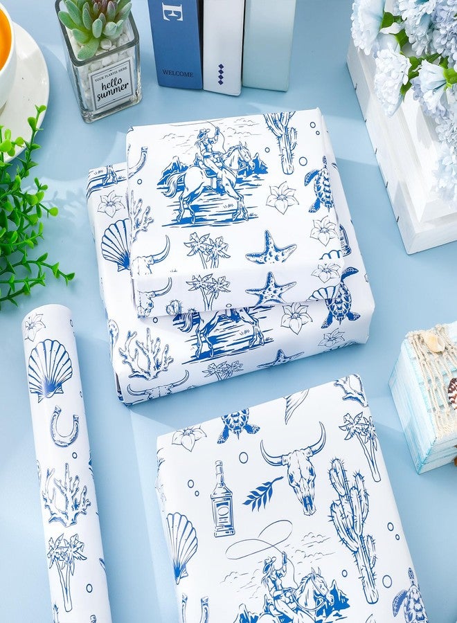 Whaline Coastal Cowgirl Wrapping Paper -Mini Roll- 17 Inch x 32.8Ft Blue Cowgirl Seashell Starfish Cactus Gift Wrap Paper for Summer Western Party DIY Crafts - Image 5
