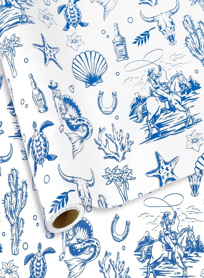 Whaline Coastal Cowgirl Wrapping Paper -Mini Roll- 17 Inch x 32.8Ft Blue Cowgirl Seashell Starfish Cactus Gift Wrap Paper for Summer Western Party DIY Crafts - Image 1