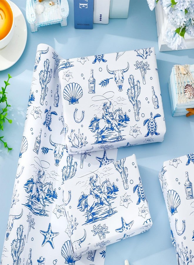 Whaline Coastal Cowgirl Wrapping Paper -Mini Roll- 17 Inch x 32.8Ft Blue Cowgirl Seashell Starfish Cactus Gift Wrap Paper for Summer Western Party DIY Crafts - Image 3