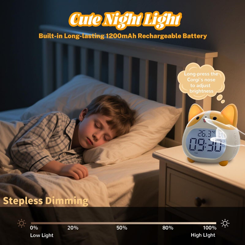 AVEKI Alarm Clocks for Kids - Cute Dog Clock with Night Light, 6 Alarm Tones, Snooze, Timer, Date and Temperature Display - Rechargeable Battery Operated Digital Clocks for Bedroom Kids Room (Corgi) - Image 4