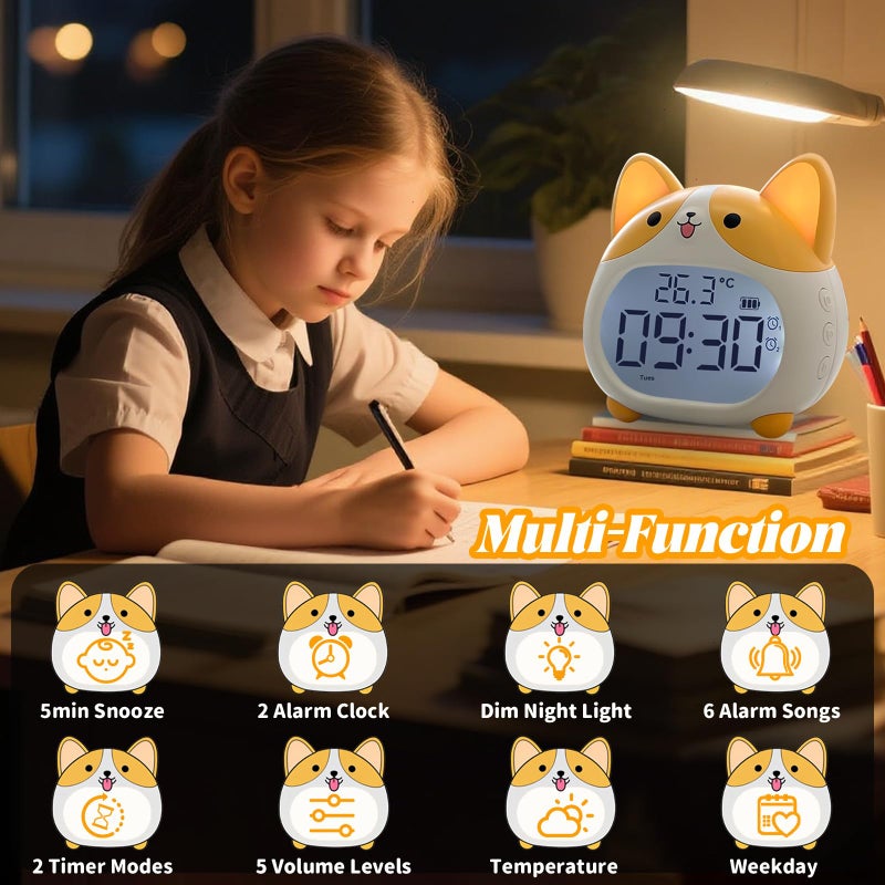 AVEKI Alarm Clocks for Kids - Cute Dog Clock with Night Light, 6 Alarm Tones, Snooze, Timer, Date and Temperature Display - Rechargeable Battery Operated Digital Clocks for Bedroom Kids Room (Corgi) - Image 2