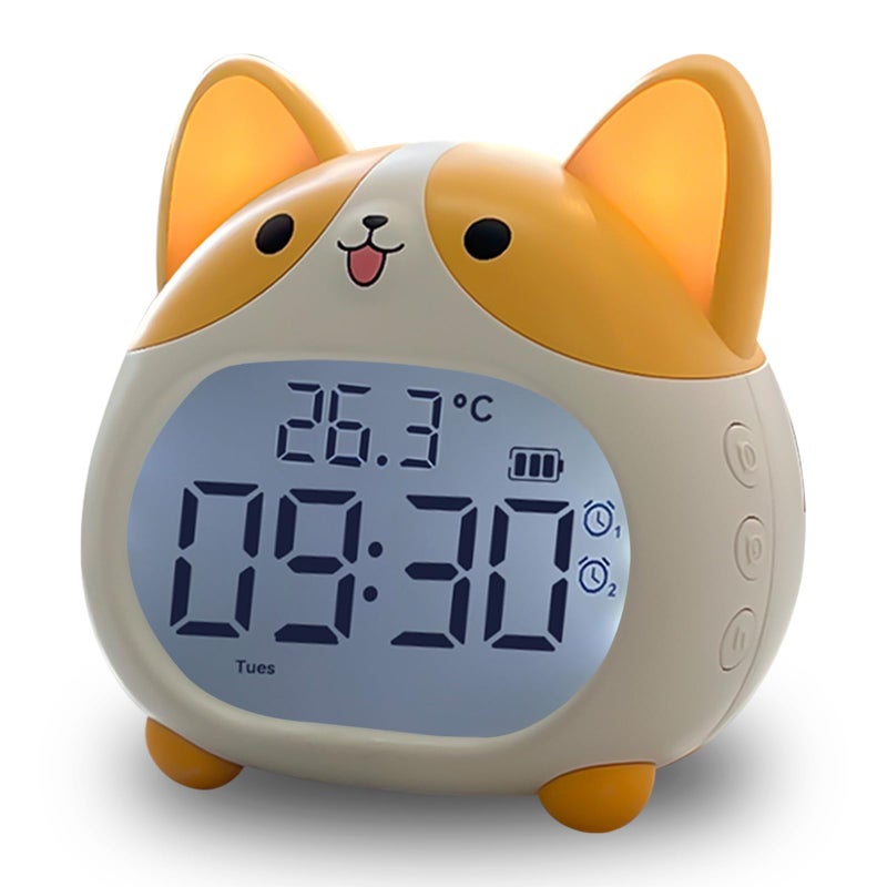 AVEKI Alarm Clocks for Kids - Cute Dog Clock with Night Light, 6 Alarm Tones, Snooze, Timer, Date and Temperature Display - Rechargeable Battery Operated Digital Clocks for Bedroom Kids Room (Corgi) - Image 1