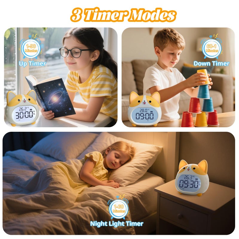 AVEKI Alarm Clocks for Kids - Cute Dog Clock with Night Light, 6 Alarm Tones, Snooze, Timer, Date and Temperature Display - Rechargeable Battery Operated Digital Clocks for Bedroom Kids Room (Corgi) - Image 5