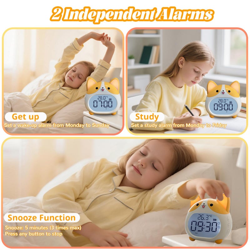 AVEKI Alarm Clocks for Kids - Cute Dog Clock with Night Light, 6 Alarm Tones, Snooze, Timer, Date and Temperature Display - Rechargeable Battery Operated Digital Clocks for Bedroom Kids Room (Corgi) - Image 3