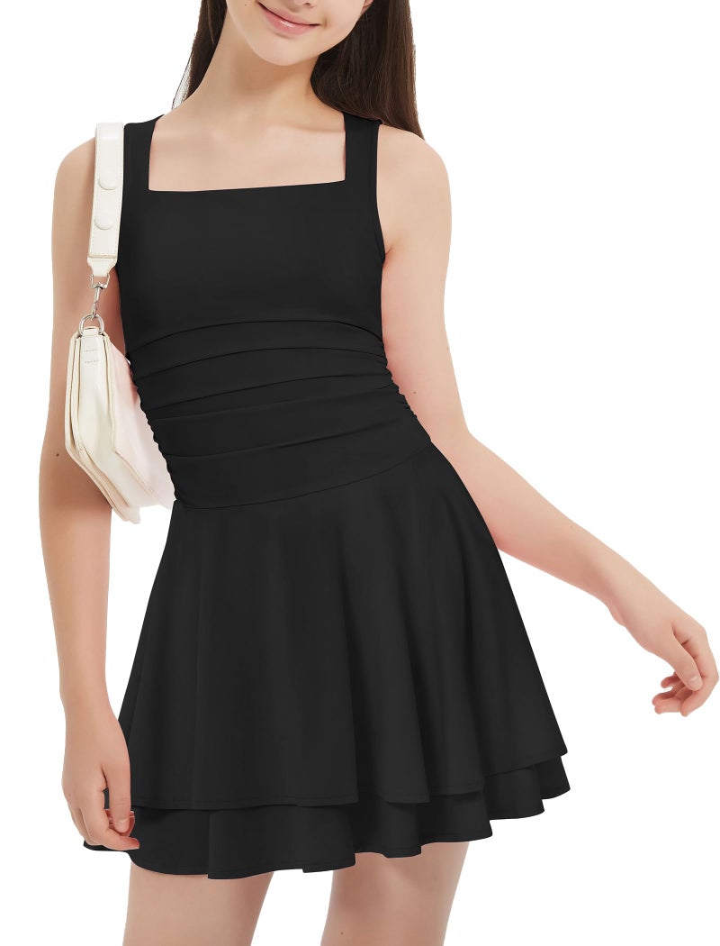 EXARUS Girls Square Neck Dress Teen Built in Bra Ruffle Mini Flowy Ruched Waist Tween Short Dance Easter Casual Dresses Black 12Y - Image 1