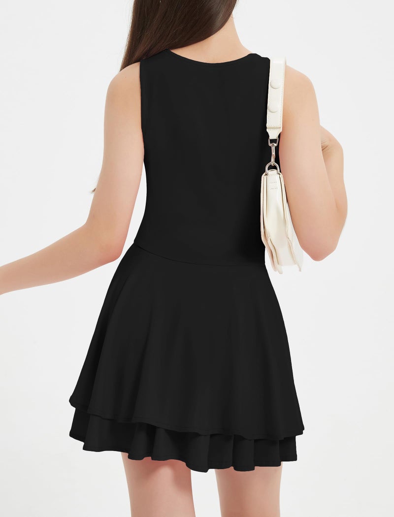 EXARUS Girls Square Neck Dress Teen Built in Bra Ruffle Mini Flowy Ruched Waist Tween Short Dance Easter Casual Dresses Black 12Y - Image 2