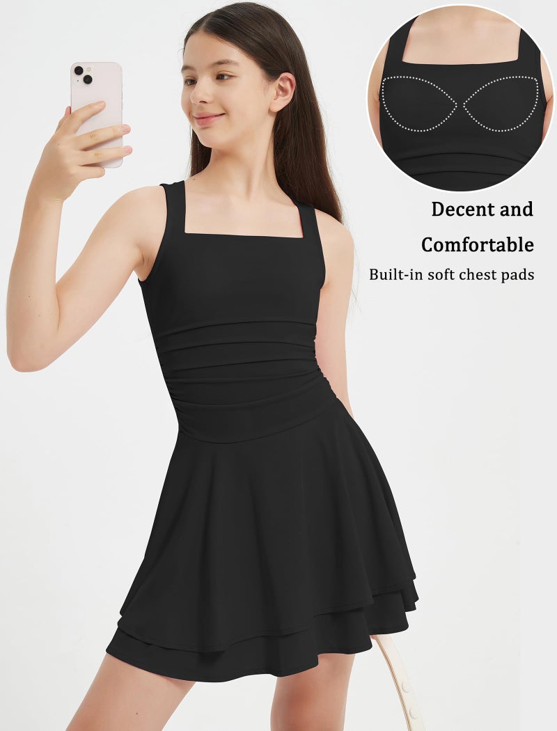 EXARUS Girls Square Neck Dress Teen Built in Bra Ruffle Mini Flowy Ruched Waist Tween Short Dance Easter Casual Dresses Black 12Y - Image 3