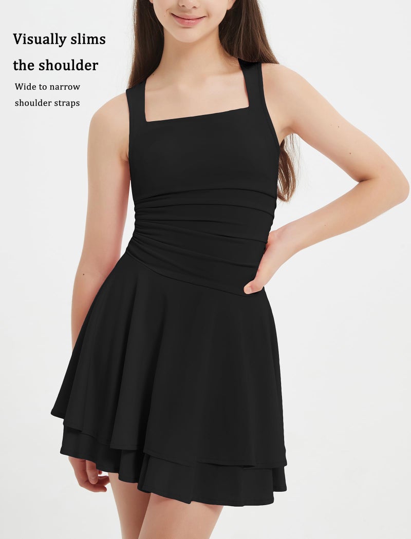 EXARUS Girls Square Neck Dress Teen Built in Bra Ruffle Mini Flowy Ruched Waist Tween Short Dance Easter Casual Dresses Black 12Y - Image 5