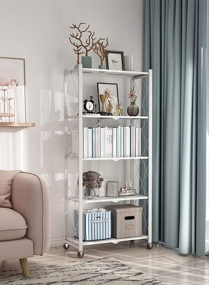 BLOOMING TIME 5 Tier White Foldable Storage Shelves Folding Metal Shelf With Wheels For Garage Kitchen Home Closet Office No Assembly  - Image 2