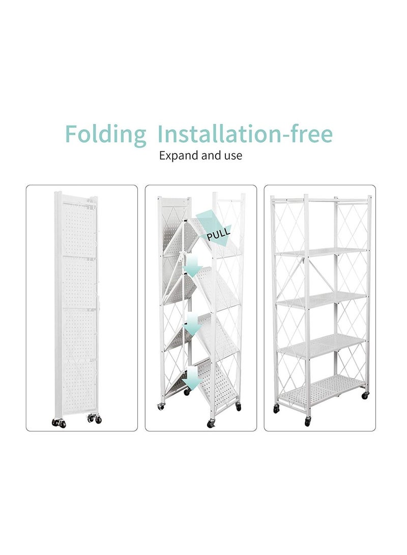 BLOOMING TIME 5 Tier White Foldable Storage Shelves Folding Metal Shelf With Wheels For Garage Kitchen Home Closet Office No Assembly  - Image 3