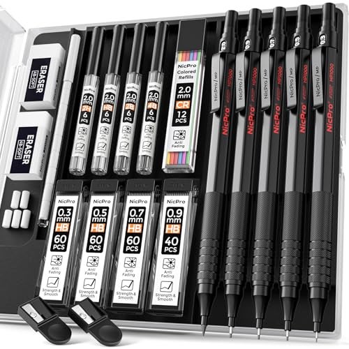 Nicpro Black Art Mechanical Pencil Set 5PCS Metal Drafting Pencils 03 05 07 09 mm 2mm Graphite Lead Holder For Sketching Drawing With 9 Tubes 4B 2B HB 2H Colors Lead Refills Erasers Case - Image 1