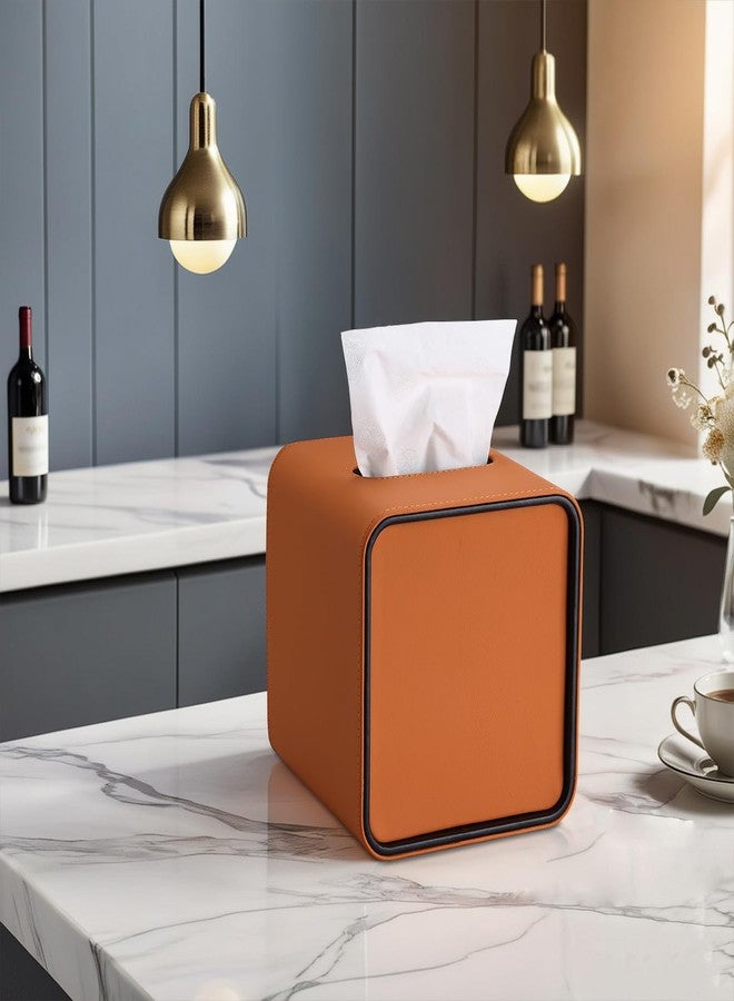 GORESE Square Tissue Box Cover for Kleenexs, PU Leather Tissue Box Holder, Decorative Tissue Holder Cover for Bathroom Bedroom Living Room Office, Orange - Image 2