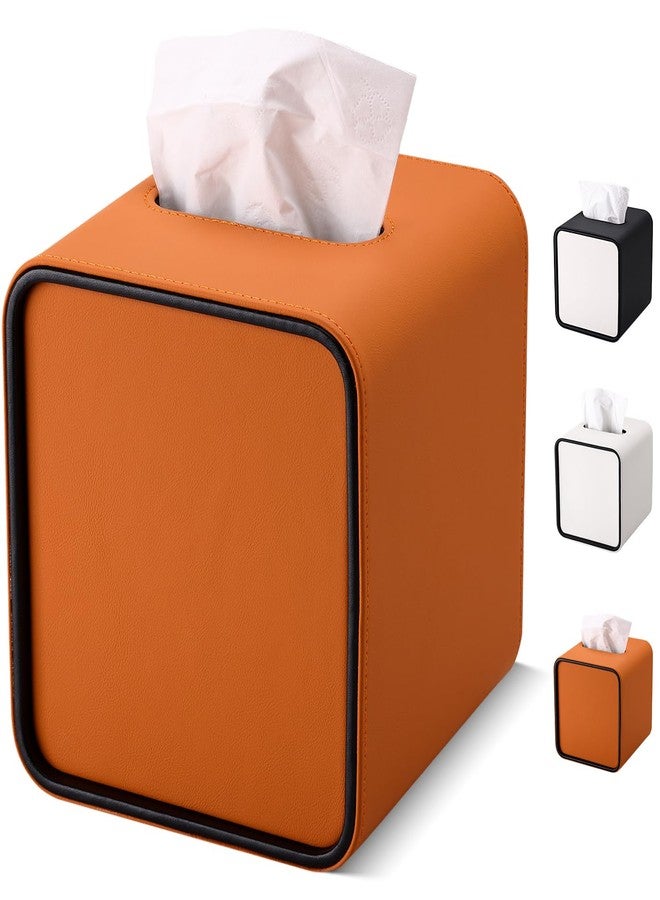 GORESE Square Tissue Box Cover for Kleenexs, PU Leather Tissue Box Holder, Decorative Tissue Holder Cover for Bathroom Bedroom Living Room Office, Orange - Image 1