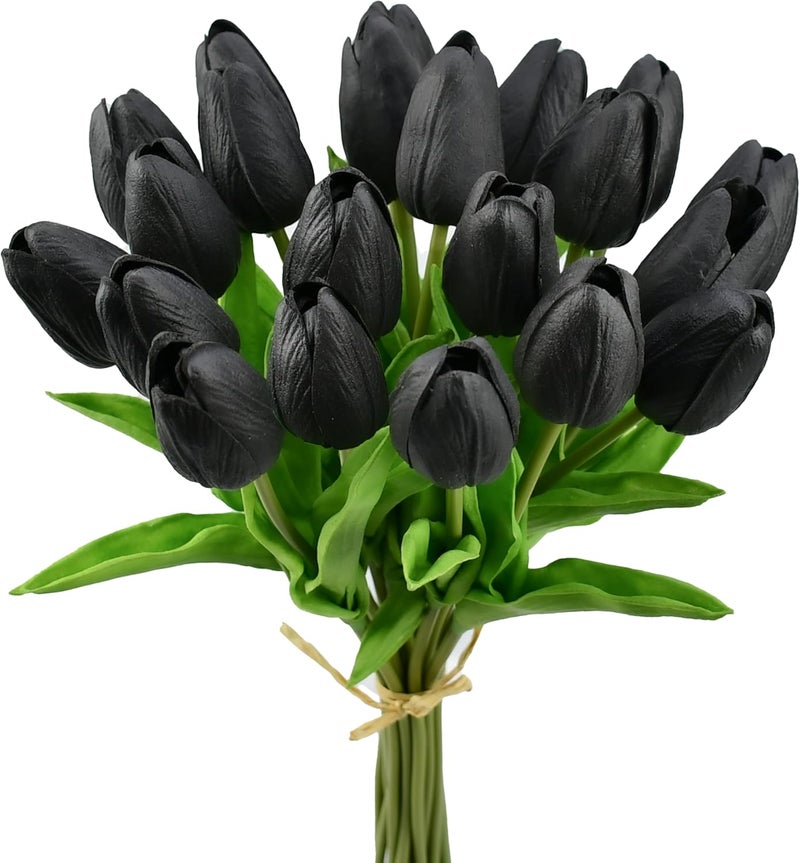 Mandy's Artificial Tulips 20 Stems White PU Faux Flowers for Wedding Home Decor 13.5 Inch (20, Black) - Image 1