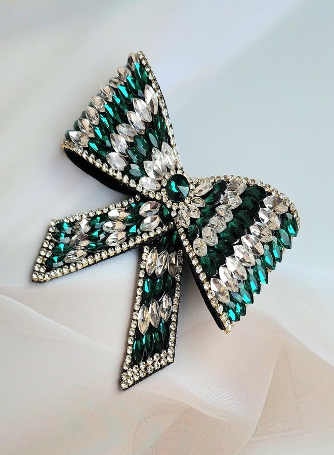 RHOSYN HAIR ACCESSORIES Embellished Hair Bow Clips for Women | Crystal Hair Pins | Hair Bow Slide Clip | Handmade Bows | Fancy Hair Clips | Wedding Hair Accessories for Girls B010 Green Pk-1 - Image 3