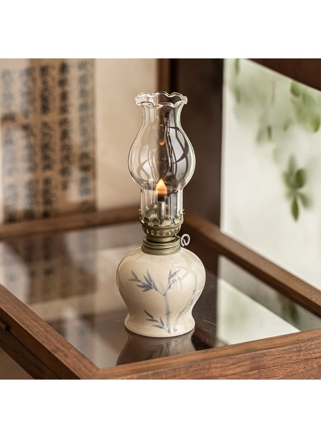 شيبشيب مصباح زيت سيراميكي عتيق، مصباح كيروسين من الخيزران الأنيق، فانوس كيروسين ريفي مقاوم للرياح بفتيل نار قابل للتعديل، مثالي للأجواء، للاستخدام اليومي أو للإضاءة في حالات الطوارئ - Image 1