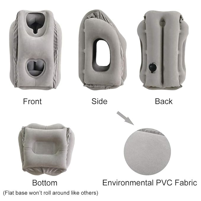 GETZET Inflatable Portable Supports Head Neck Rest Pillow for Airplane Long Flight Sleeping for Office Napping Traveling Bus Car Train CampingFree Eye Mask 1 pcs Grey - Image 2