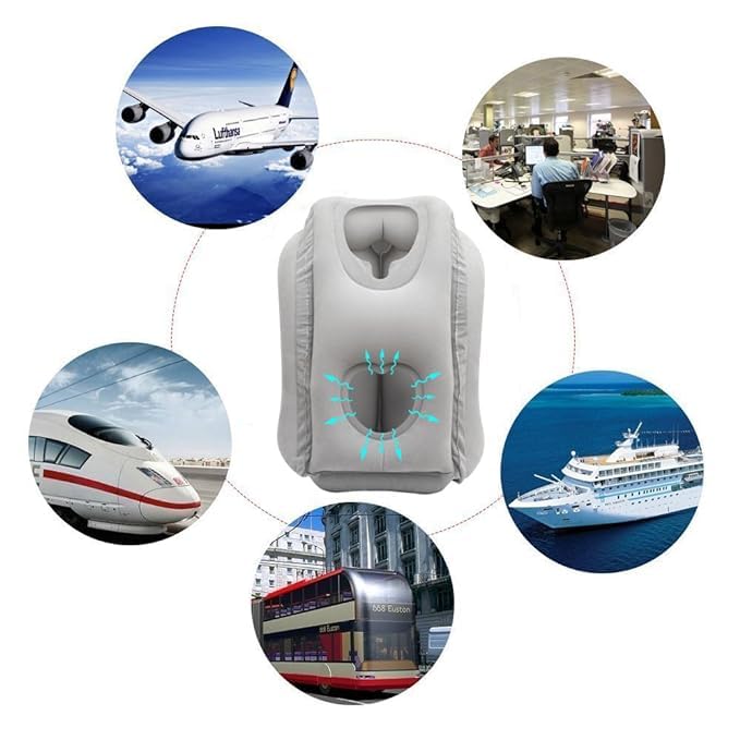 GETZET Inflatable Portable Supports Head Neck Rest Pillow for Airplane Long Flight Sleeping for Office Napping Traveling Bus Car Train CampingFree Eye Mask 1 pcs Grey - Image 5