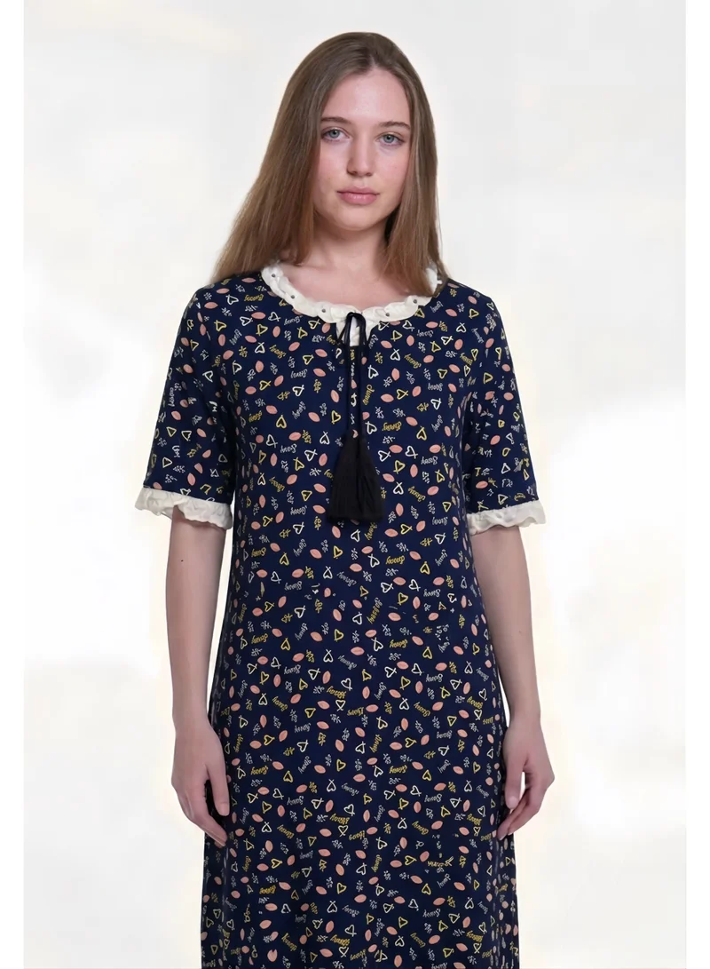 Al Bent Al Sharqieh Navy Blue Women's Printed Cotton Maxi Dress - Home wear Sleeping Dress for Women | Best Price UAE