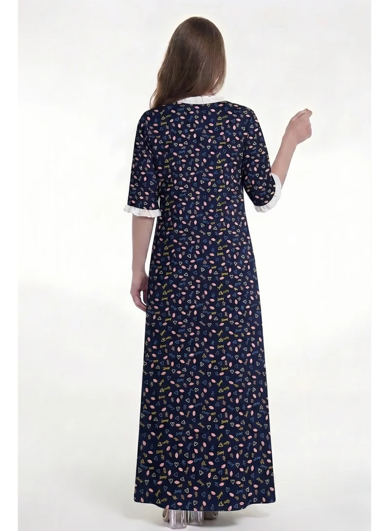 Al Bent Al Sharqieh Navy Blue Women's Printed Cotton Maxi Dress - Home wear Sleeping Dress for Women | Best Price UAE