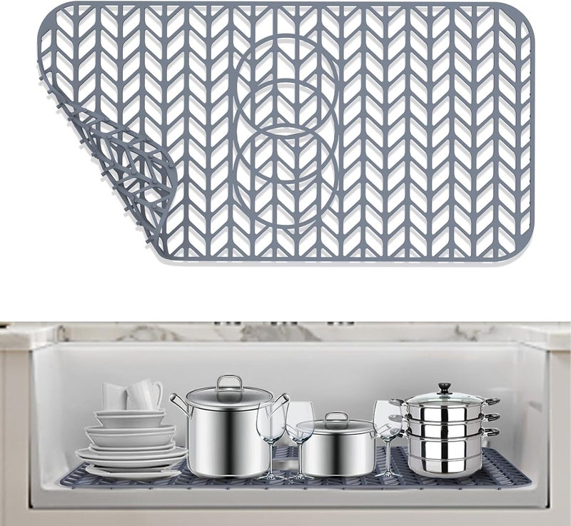 AWOKE Sink Protectors for Kitchen Sink - 24"x 12.5" Sink Mat - Heat resistant Easy-clean Silicone Sink Mat - for Protection of Stainless Steel Sink - with 3 Reserved Holes (Grey) - Image 1