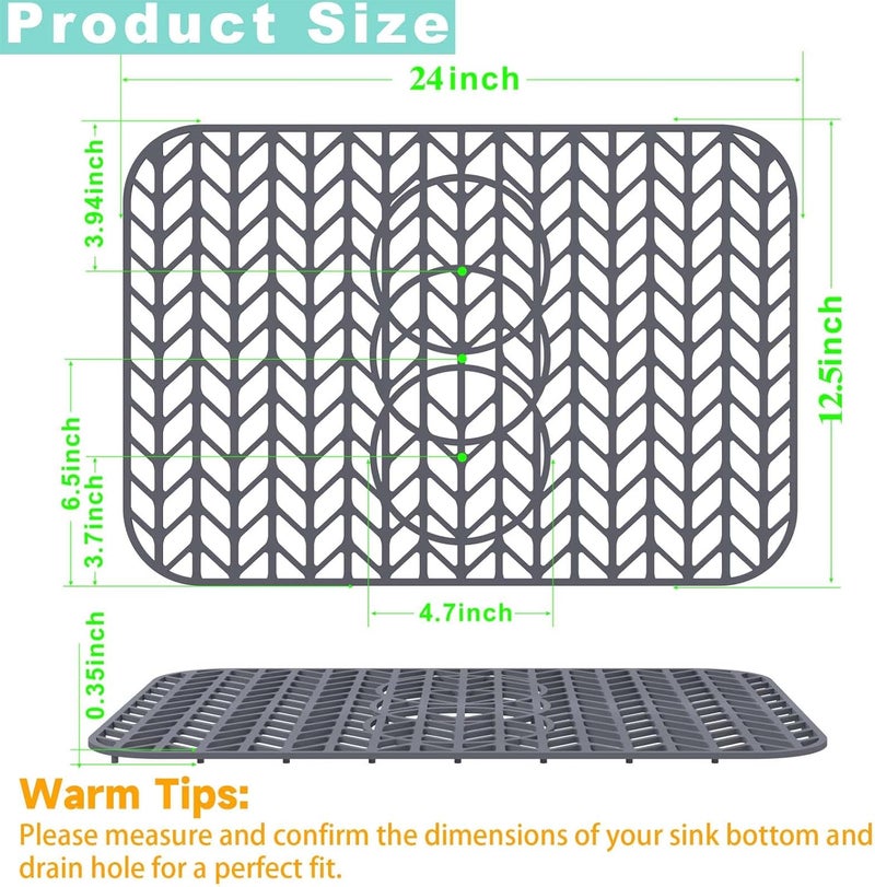AWOKE Sink Protectors for Kitchen Sink - 24"x 12.5" Sink Mat - Heat resistant Easy-clean Silicone Sink Mat - for Protection of Stainless Steel Sink - with 3 Reserved Holes (Grey) - Image 2