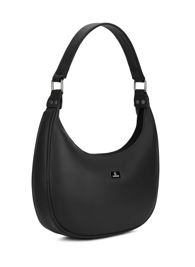 حقيبة يد نسائية من الجلد النباتي على شكل نصف قمر باللون الأسود من K London | حقيبة كتف مناسبة للحفلات والسفر والكليات للفتيات - Image 3