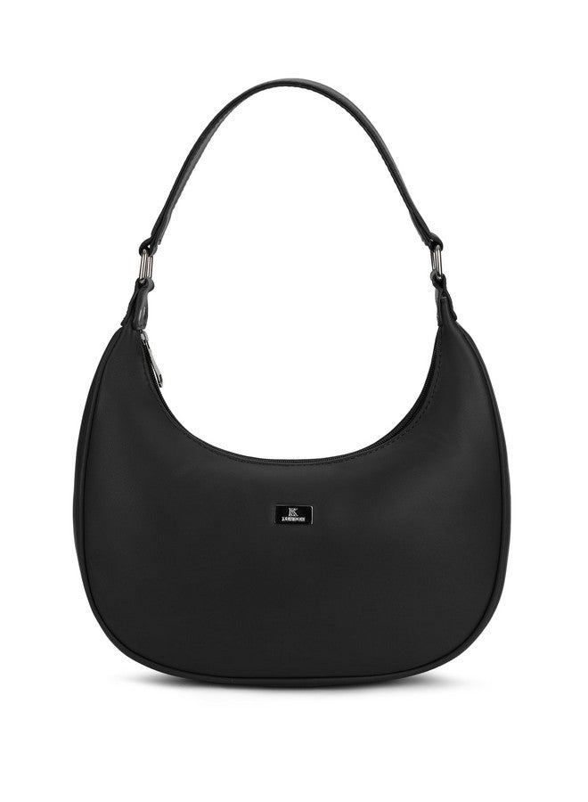 حقيبة يد نسائية من الجلد النباتي على شكل نصف قمر باللون الأسود من K London | حقيبة كتف مناسبة للحفلات والسفر والكليات للفتيات - Image 1