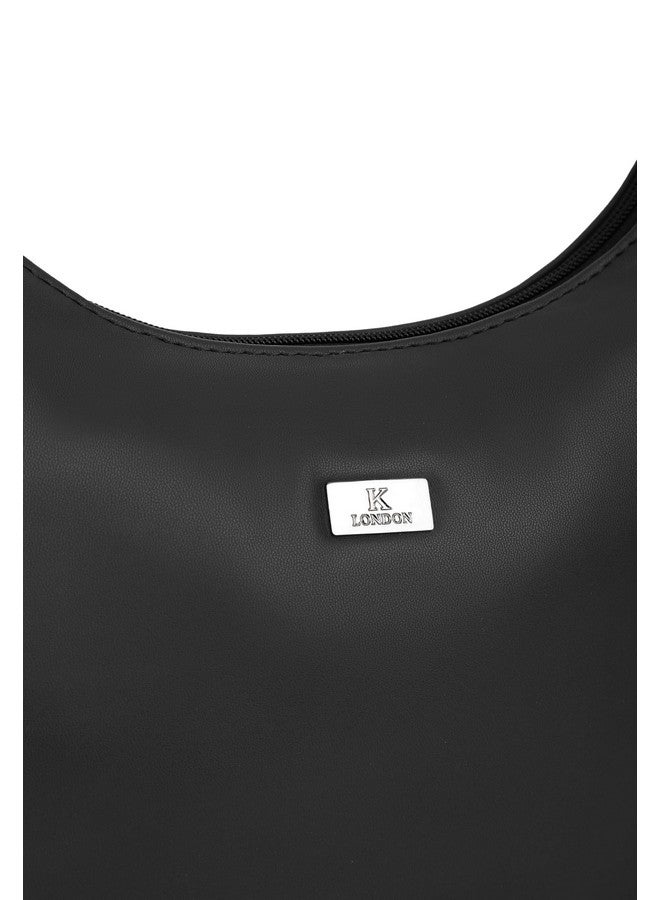 حقيبة يد نسائية من الجلد النباتي على شكل نصف قمر باللون الأسود من K London | حقيبة كتف مناسبة للحفلات والسفر والكليات للفتيات - Image 4