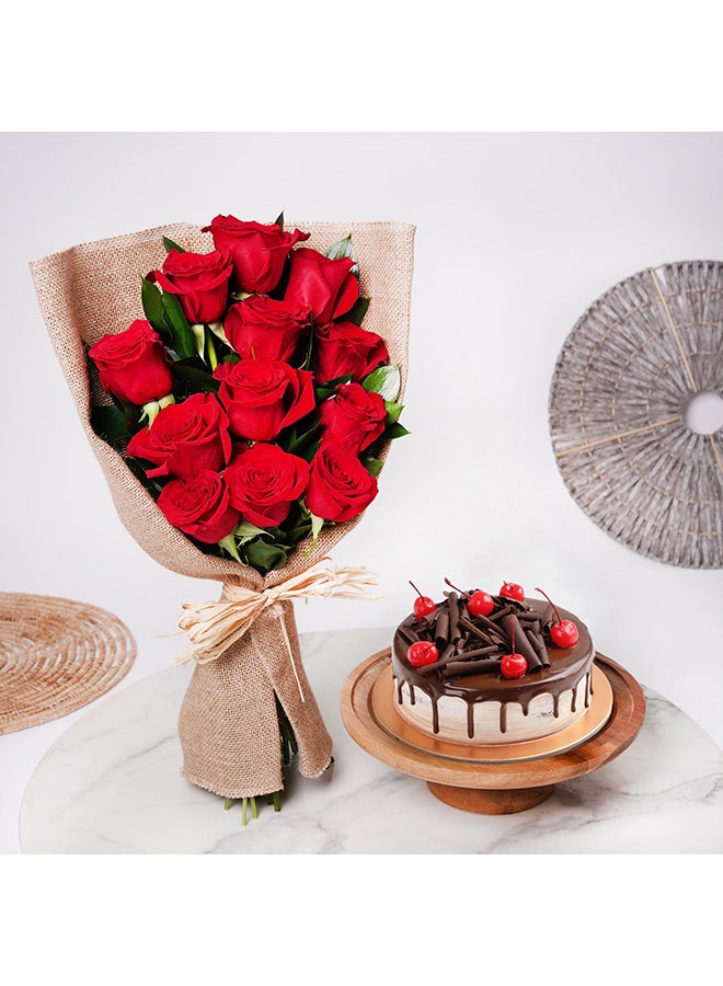 Ferns N Petals 12 Red Roses Bouquet And Half Kg Chocolate Cake Combo