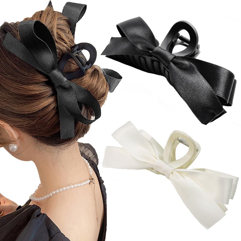 Sizobi Bow Claw Clips, Bow Hair Clips White Hair Bows, Hair Accessories for Women, Extra Large Black Barrettes, Scrunchies for Thin Thick Curly Hair - Image 1