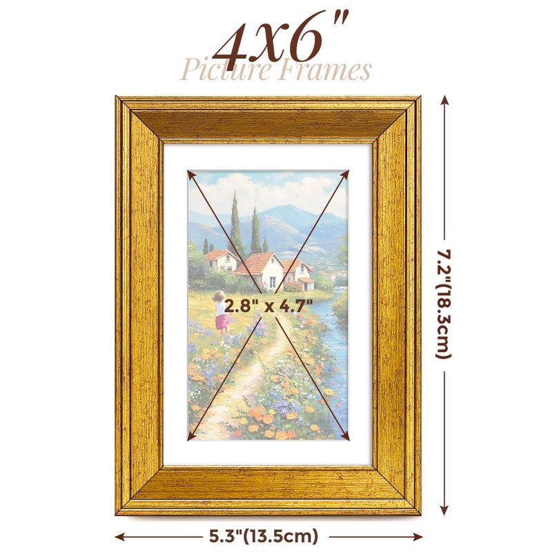 TWING 4x6 Gold Picture Frames Set of 6,Rustic Gold Frames Display Pictures 3x5 with Mat or 4x6 Without Mat,Tabletop Display and Wall Mounting Collage Photo Frame,Set for Wall Gallery - Image 2