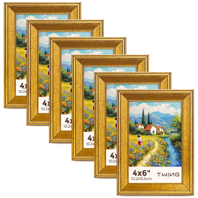 TWING 4x6 Gold Picture Frames Set of 6,Rustic Gold Frames Display Pictures 3x5 with Mat or 4x6 Without Mat,Tabletop Display and Wall Mounting Collage Photo Frame,Set for Wall Gallery - Image 1