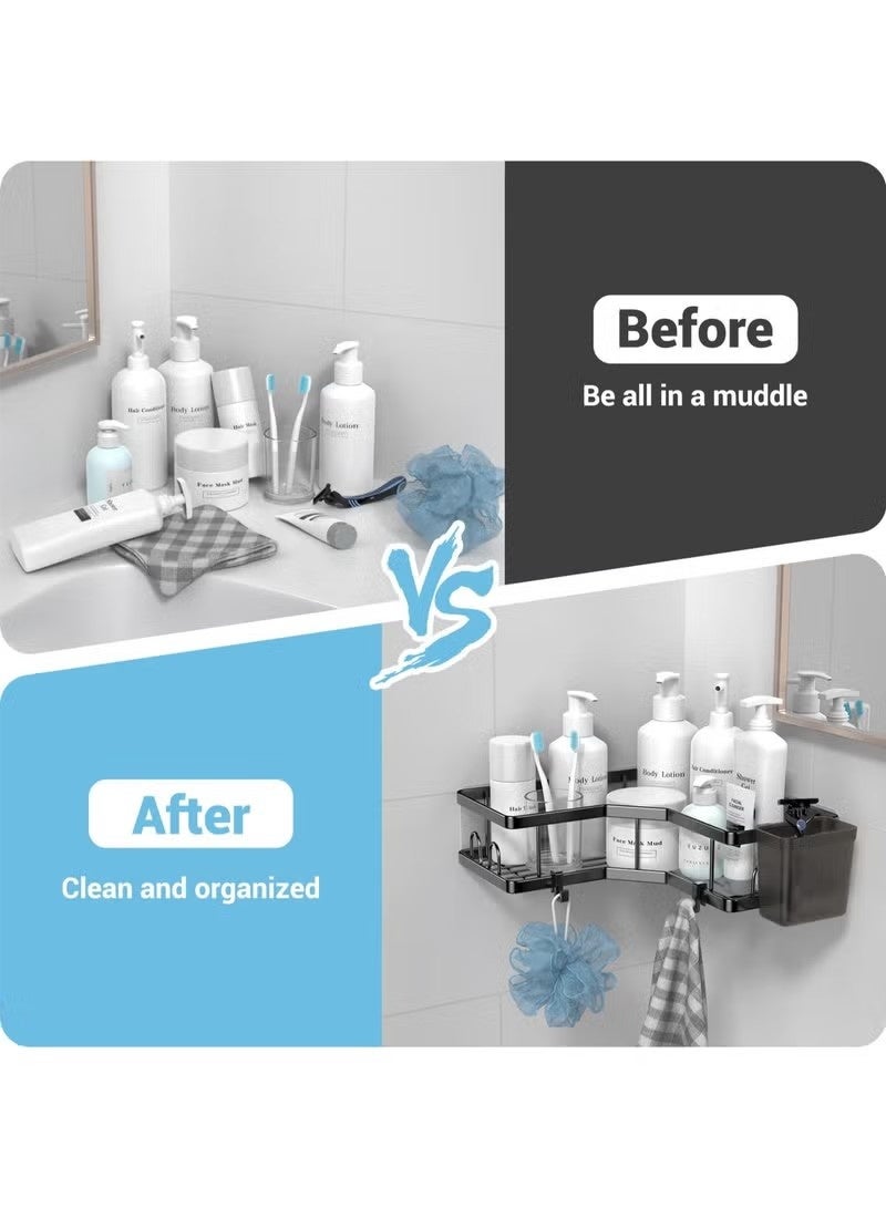 Beauenty Corner Shower Caddy, 2 Pack Adhesive Shower Corner Organizer Shelves, No Drilling Stainless Steel Shower Storage Rack with Hooks Toothpaste Holder for Bathroom, Dorm and Kitchen - Image 5