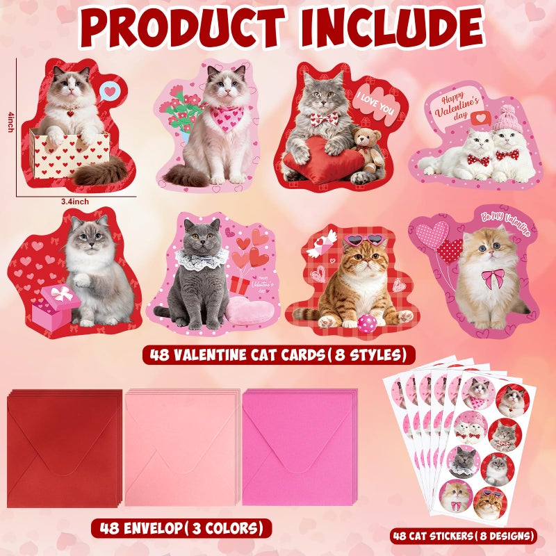 Sealmic 48 Sets Assorted Cat Valentines Days Cards for Kids Classroom School Cute Cat Valentines Cards with Envelops Stickers Greeting Cute Pet Love Cards for Girls Boys Kids Party Gift Exchange Brithday Supplies Favors Double Sided Printing - Image 3