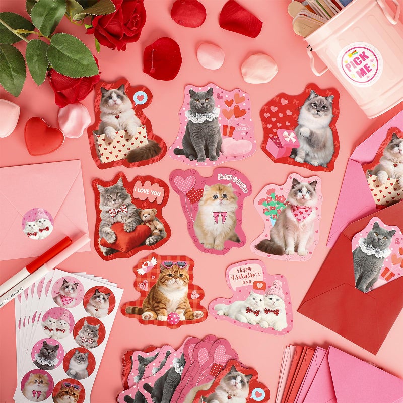 Sealmic 48 Sets Assorted Cat Valentines Days Cards for Kids Classroom School Cute Cat Valentines Cards with Envelops Stickers Greeting Cute Pet Love Cards for Girls Boys Kids Party Gift Exchange Brithday Supplies Favors Double Sided Printing - Image 2