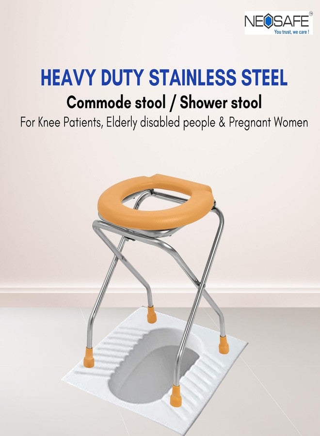 NEOSAFE Stainless Steel Premium Folding Shower Bathing Room Commode Stool Indian Toilet Seat for Elderly Disabled man and Pregant Women Support Safe Chair Anti-Slip (Orange) - Image 2