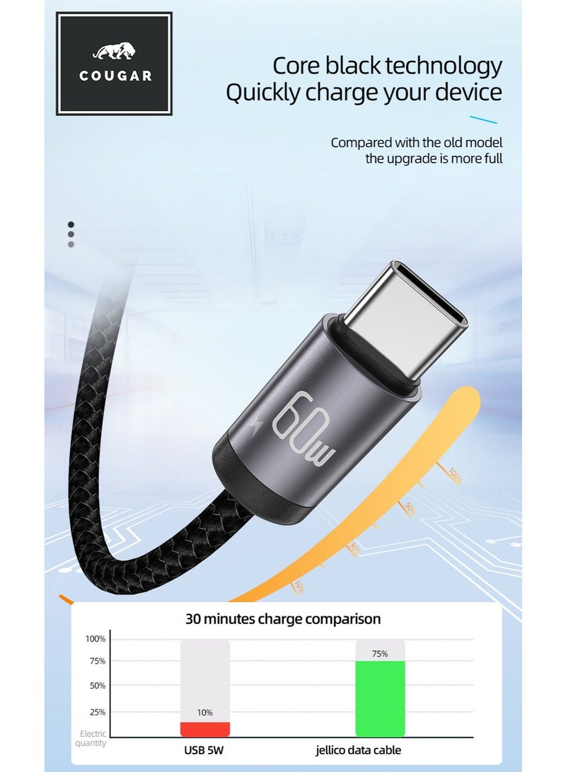 Cougar 60W USB-C to USB-C Cable, Type-C Fast Charging Cable with 480Mbps Data Transfer, Nylon Braided Cord and Aluminium Alloy Connectors for USB-C Smartphones, Tablets and Laptops, 1m, Black - Image 4